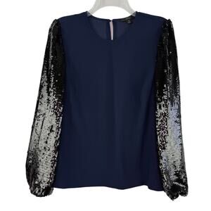 J. Crew Sequin Sleeve Statement Holiday Blouse Navy Blue and Black Women's Sz M
